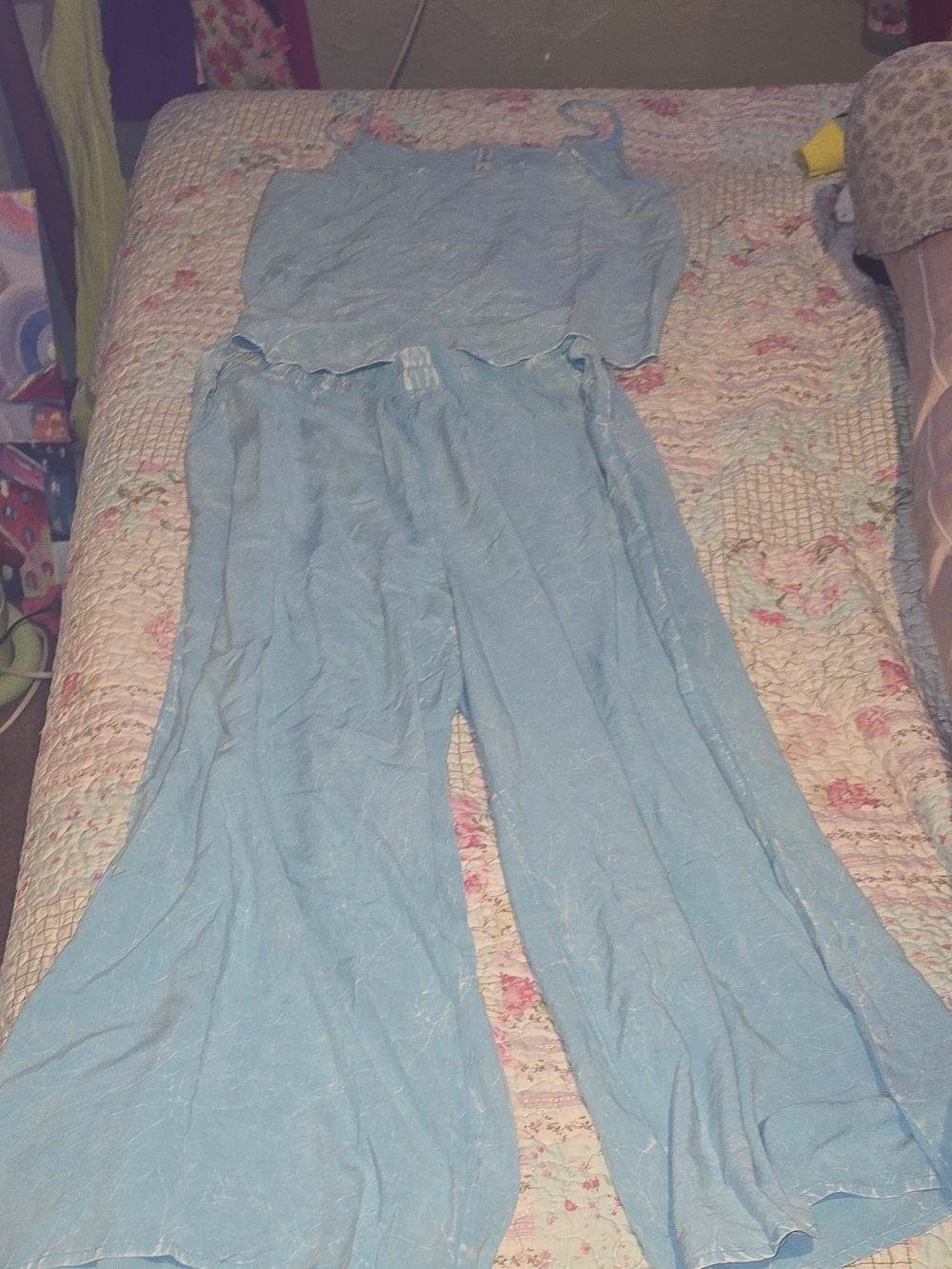 NWOT Zenana Acid Wash Cami & Pants Set Light Blue Size Large